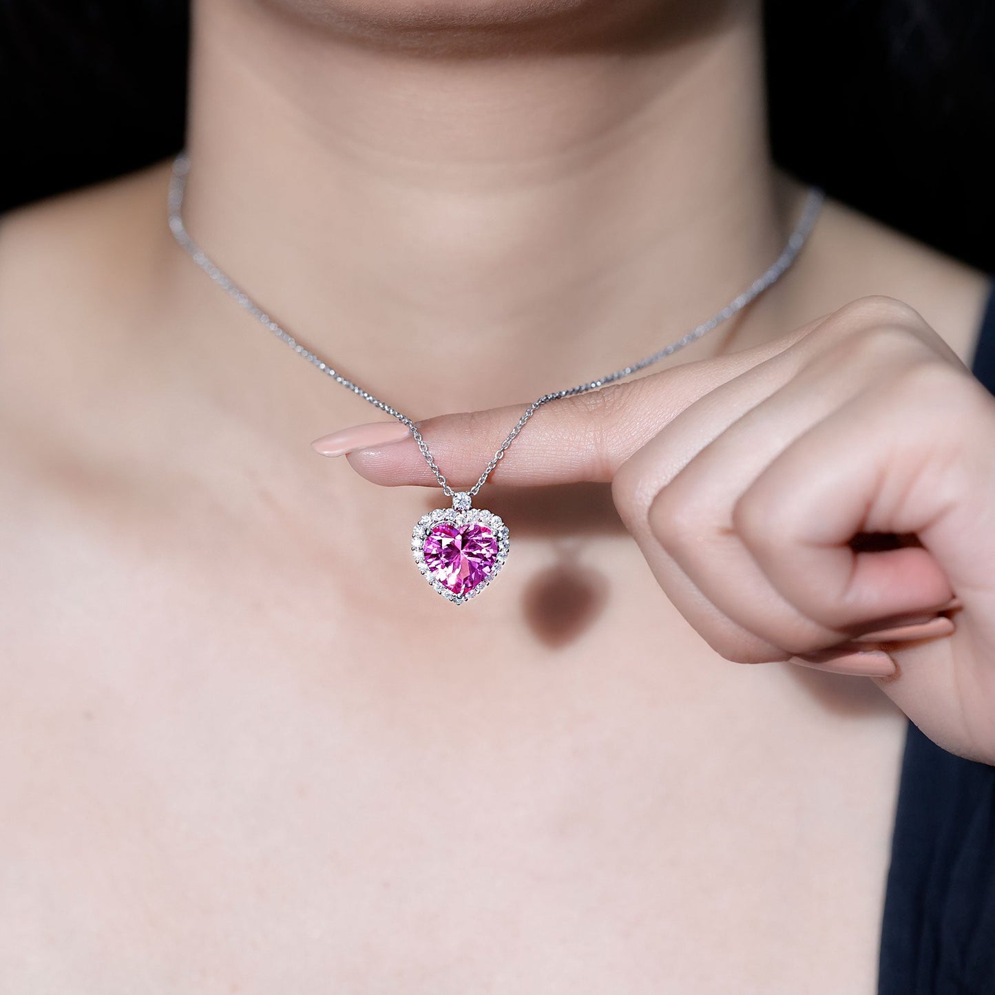 5.5 Carat Lab Grown Pink Sapphire Heart Necklace with Halo