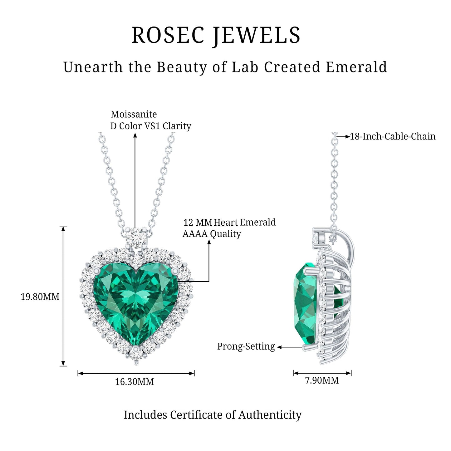 Lab Created 5.6 Carat Emerald Moissanite Heart Pendant Necklace