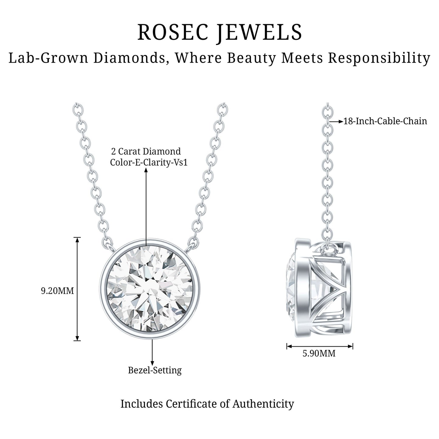 Bezel Set IGI Certified 2 Carat Lab Grown Diamond Solitaire Necklace