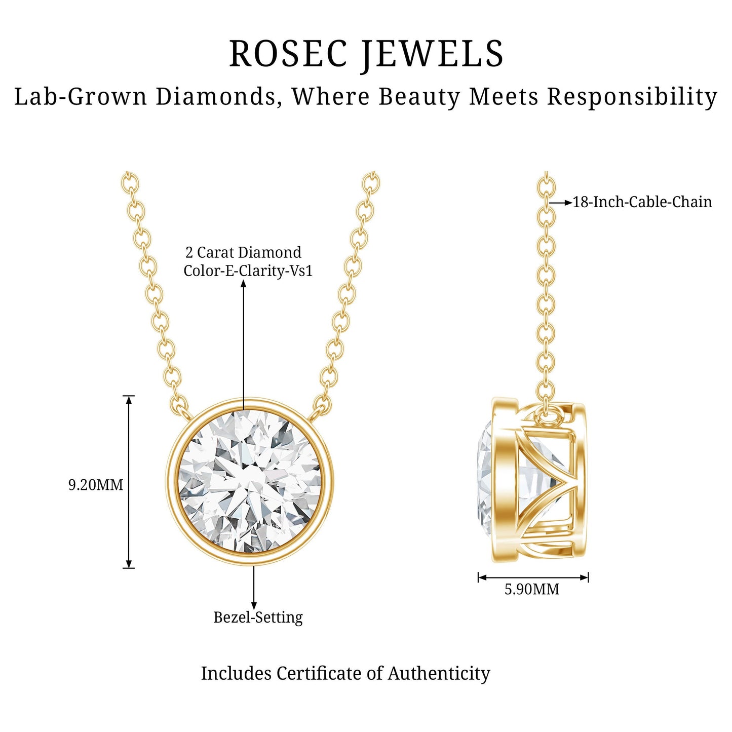 Bezel Set IGI Certified 2 Carat Lab Grown Diamond Solitaire Necklace