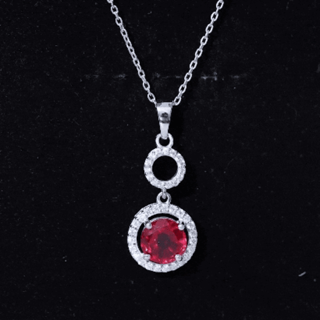 Lab Grown Ruby Dangle Necklace with Moissanite Halo