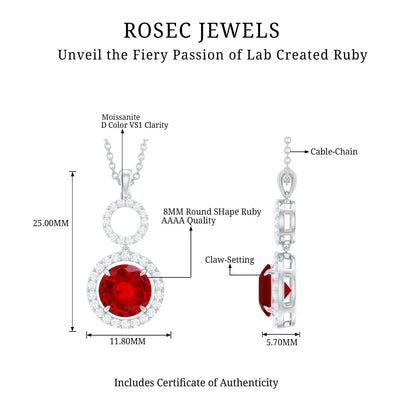 Lab Grown Ruby Dangle Necklace with Moissanite Halo