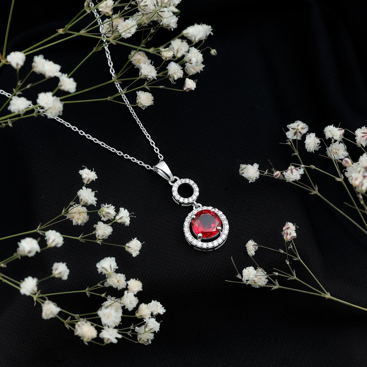Lab Grown Ruby Dangle Necklace with Moissanite Halo