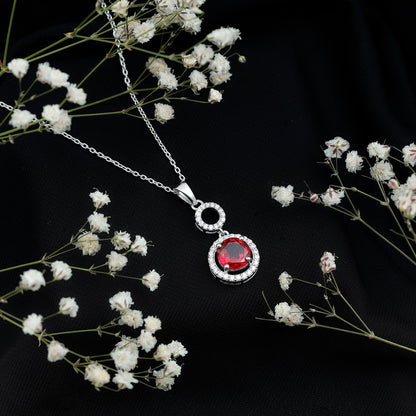 Lab Grown Ruby Dangle Necklace with Moissanite Halo