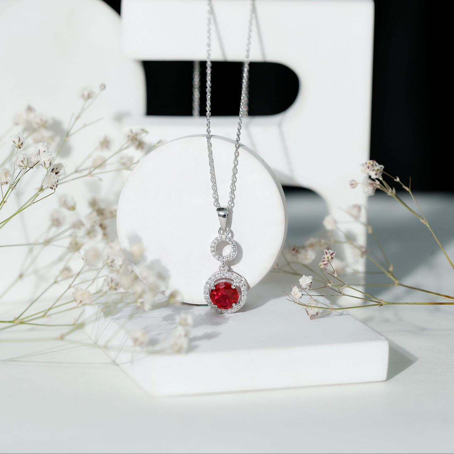 Lab Grown Ruby Dangle Necklace with Moissanite Halo