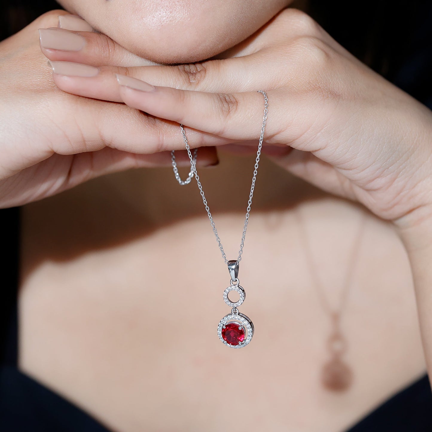 Lab Grown Ruby Dangle Necklace with Moissanite Halo