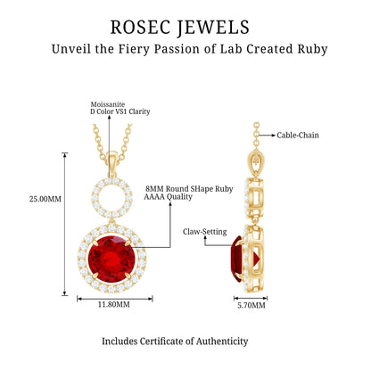 Lab Grown Ruby Dangle Necklace with Moissanite Halo
