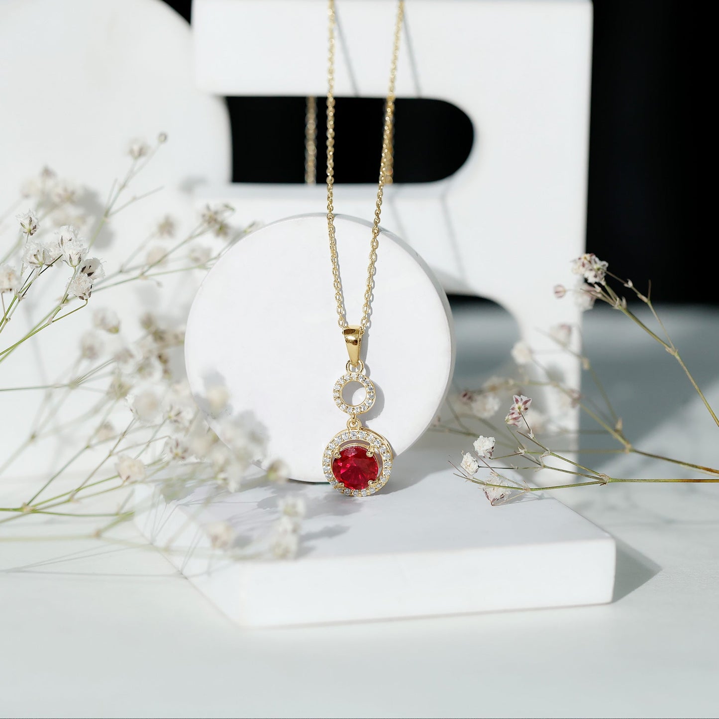 Lab Grown Ruby Dangle Necklace with Moissanite Halo