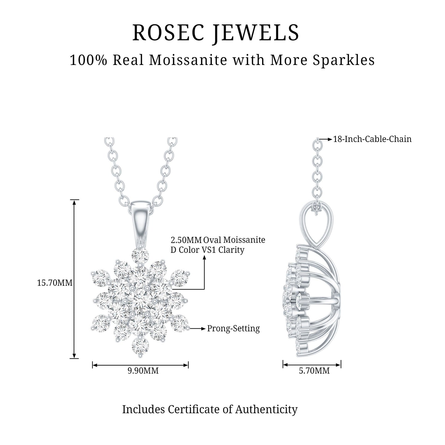 Certified Moissanite Snowflake Necklace with Silver Chain