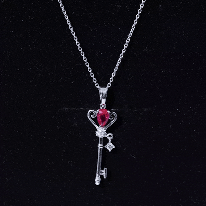 Vintage Inspired Lab Grown Ruby and Diamond Key Pendant Necklace