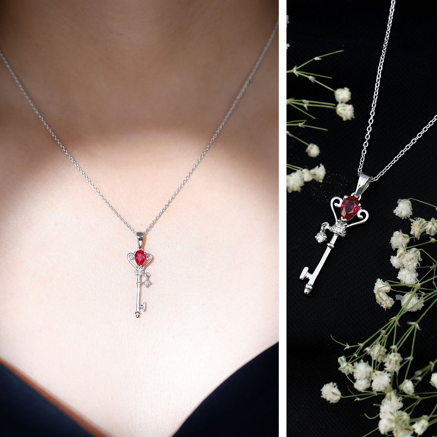 Vintage Inspired Lab Grown Ruby and Diamond Key Pendant Necklace