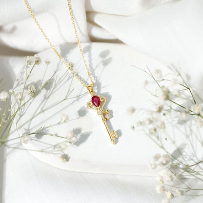 Vintage Inspired Lab Grown Ruby and Diamond Key Pendant Necklace