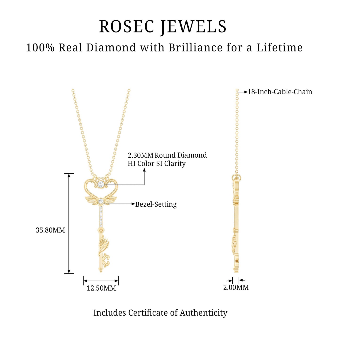 Diamond Key Necklace with Angel Wings