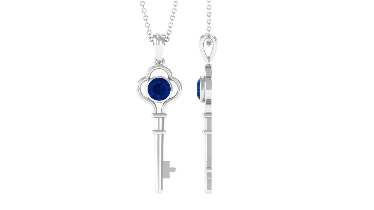 Natural 0.9 Carat Blue Sapphire Key Pendant Necklace for Women