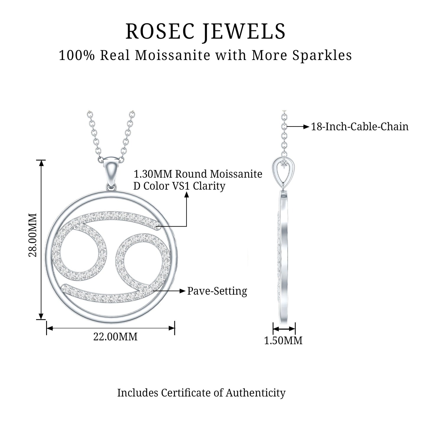 Certified Moissanite Cancer Zodiac Sign Necklace
