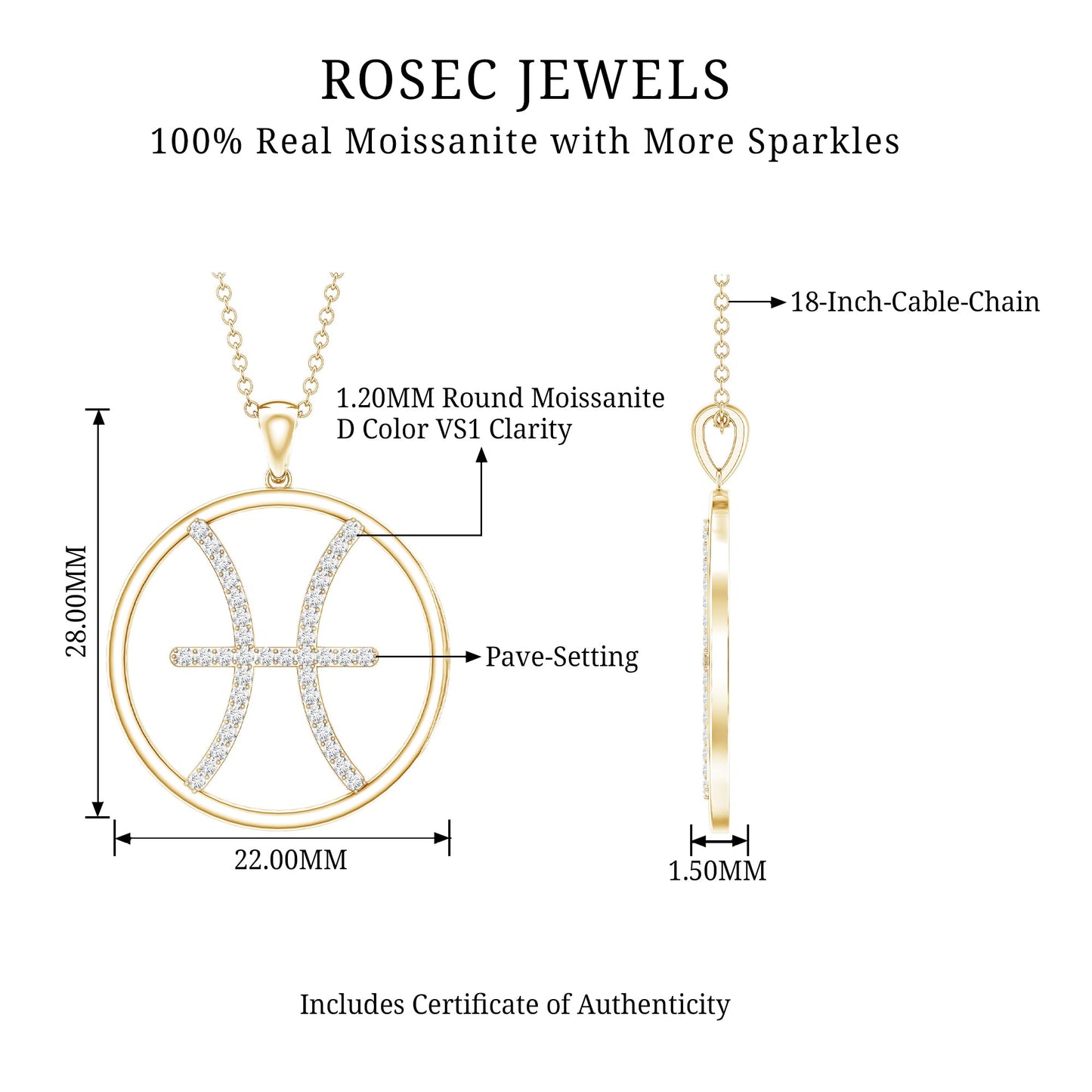 Certified Moissanite Pisces Zodiac Sign Pendant Necklace