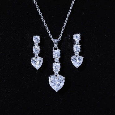 Cubic Zirconia Heart Necklace and Earrings Set in Sterling Silver