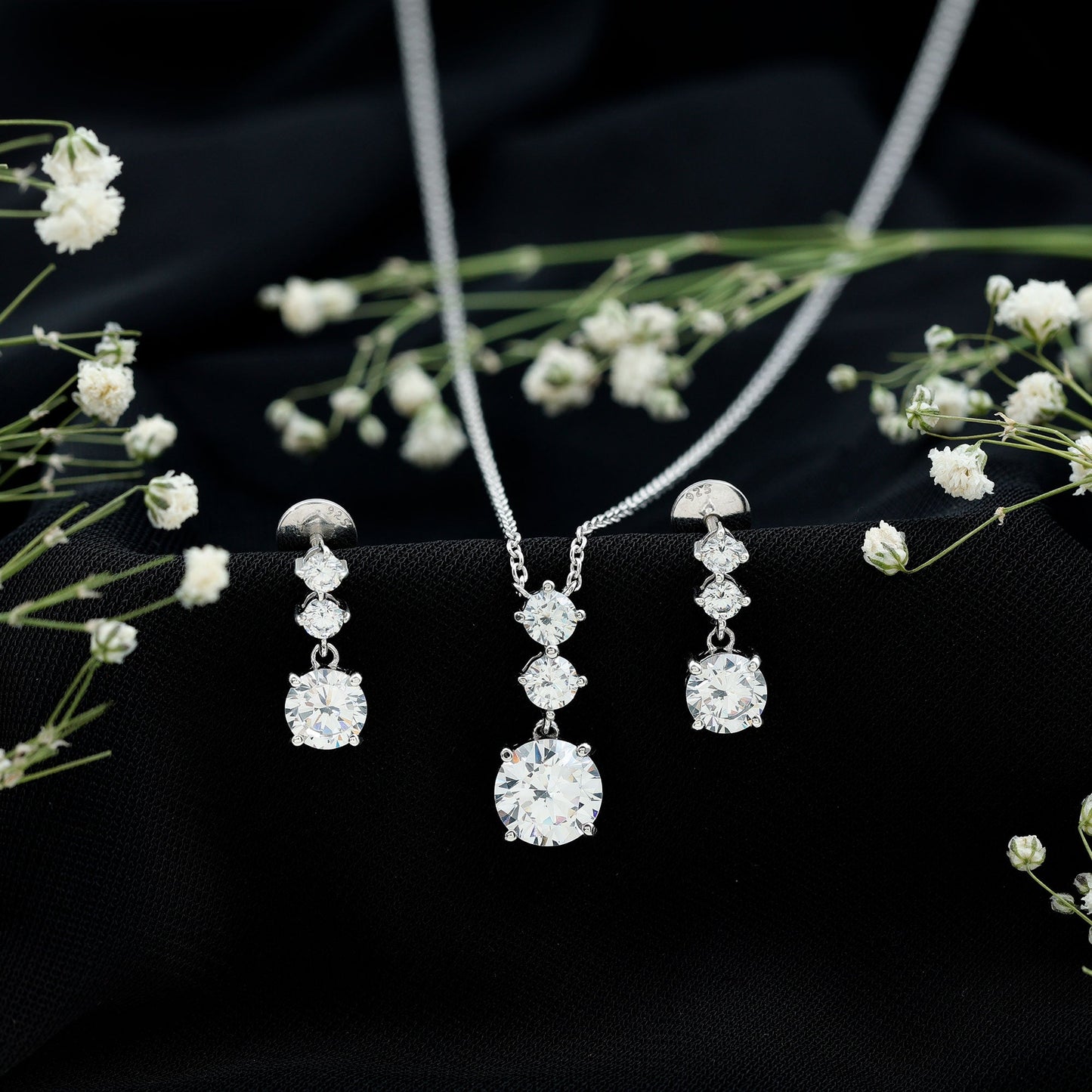 Certified Cubic Zirconia Bridal Necklace and Earrings Set in Silver