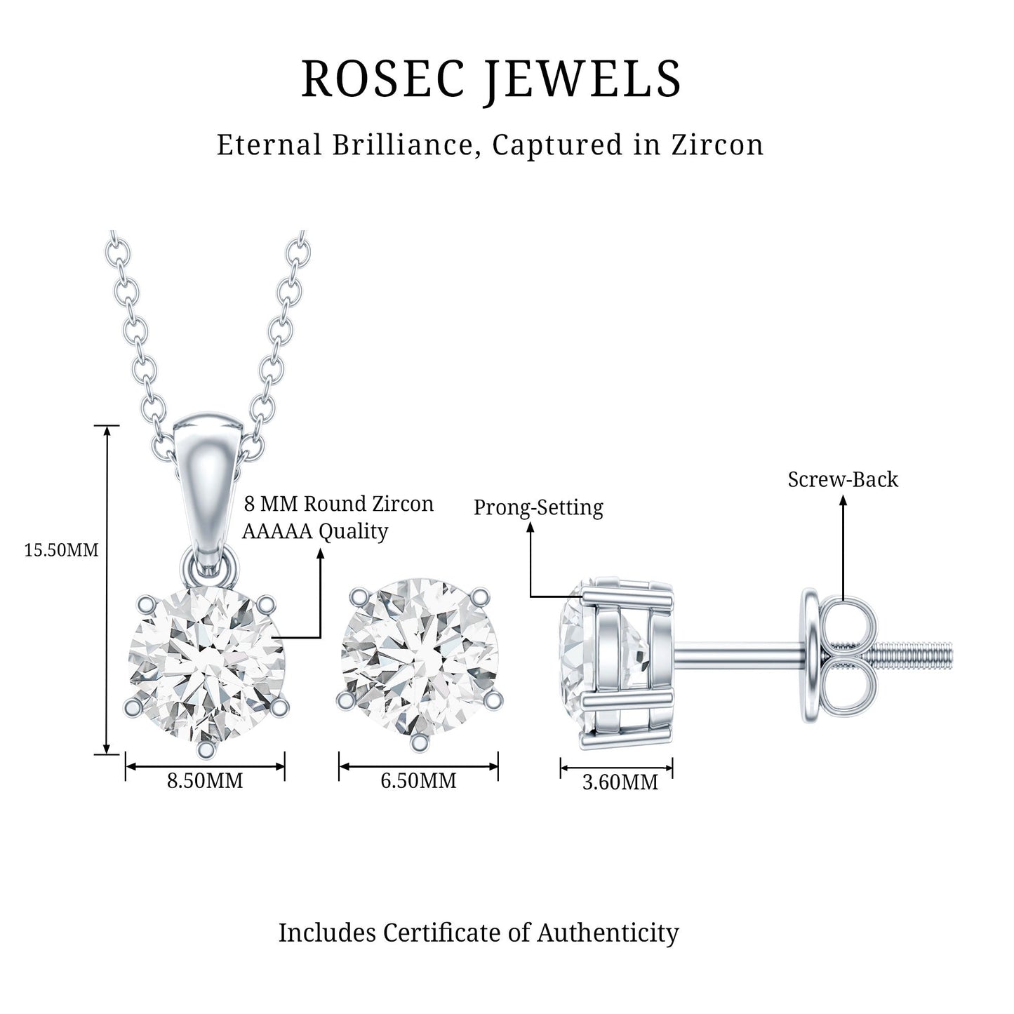 Certified 3.9 Carat Round Cubic Zirconia Solitaire Necklace and Earrings Set
