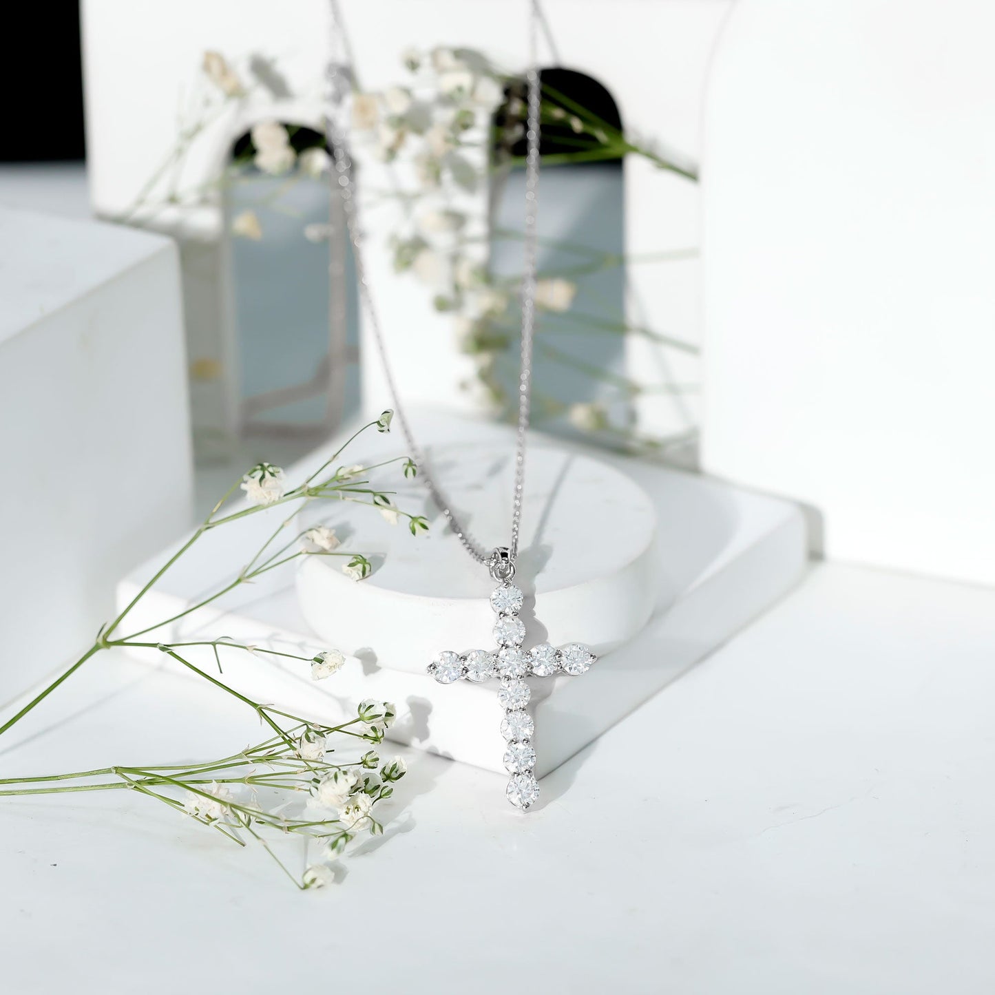 Certified Cubic Zirconia Christian Cross Necklace With Silver Chain