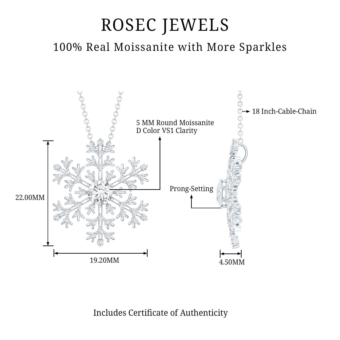 Certified Moissanite Snowflake Pendant Necklace With Chain