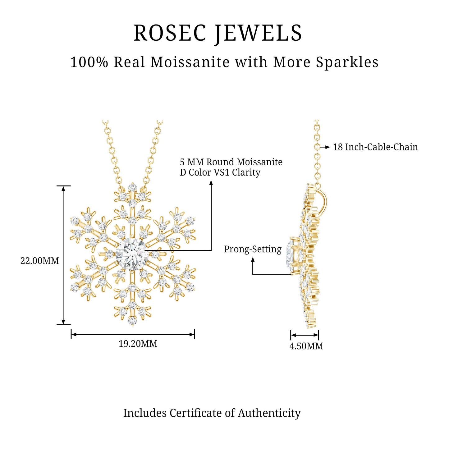 Certified Moissanite Snowflake Pendant Necklace With Chain