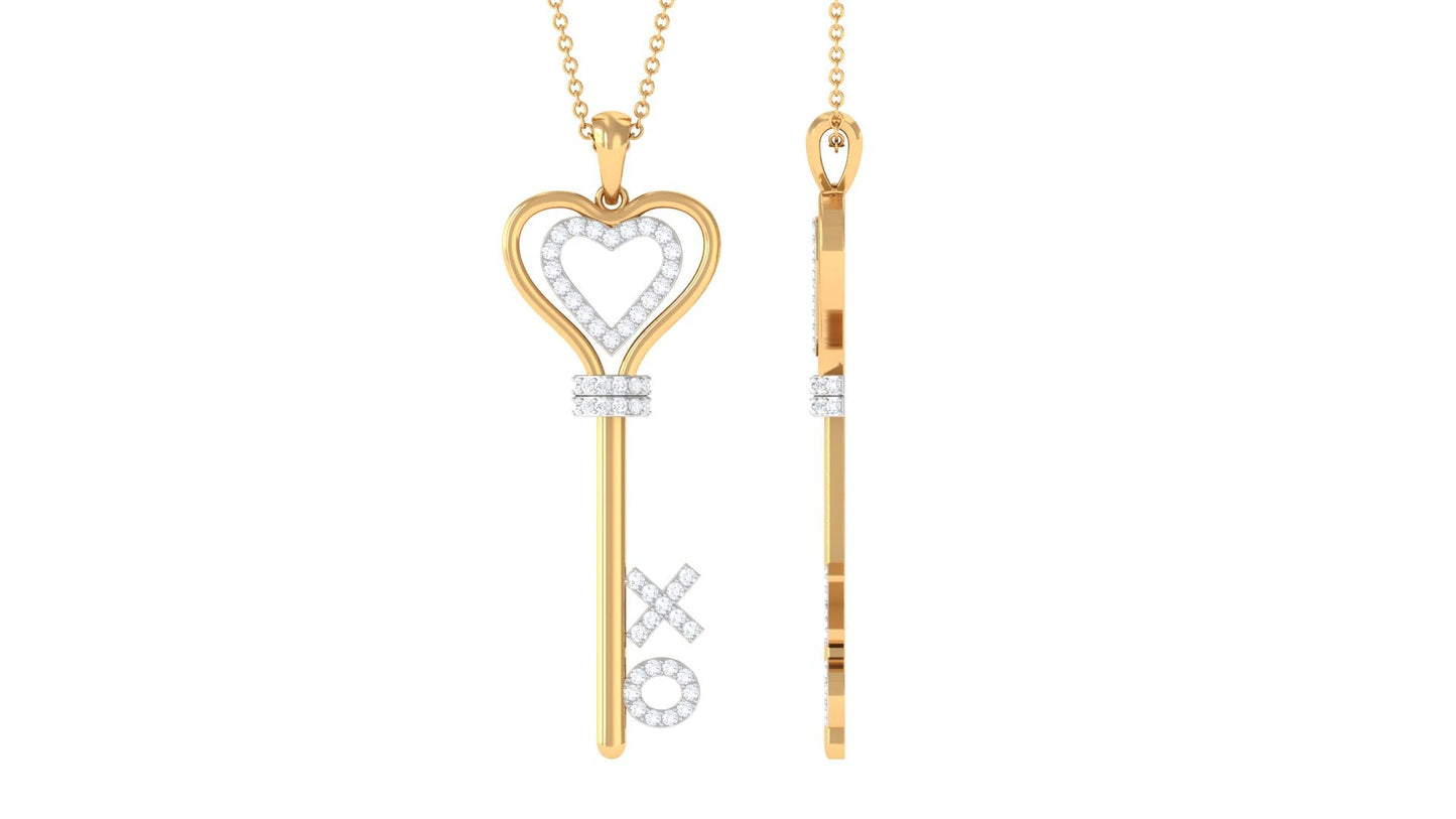 Certified Moissanite Double Heart Key Pendant with XO
