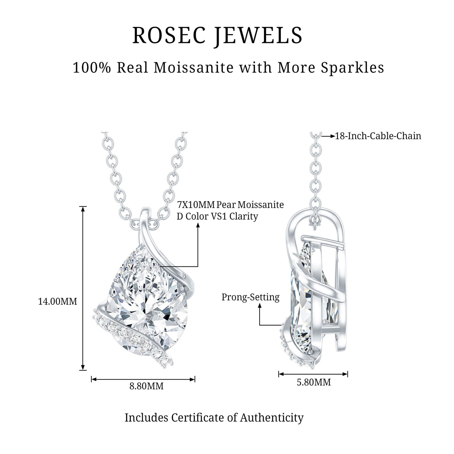 2 Carat Pear Shaped Moissanite Solitaire Pendant in Silver