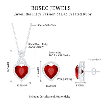 6 Carat Heart Shape Lab Created Ruby Pendant and Earrings Set