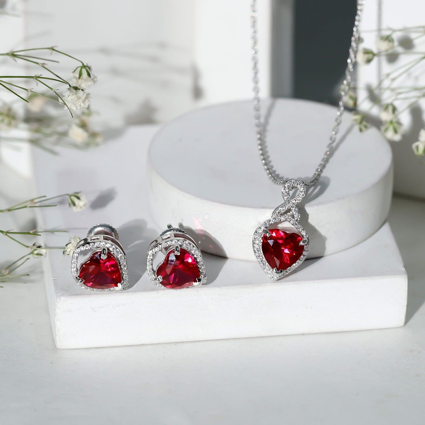 6 Carat Heart Shape Lab Created Ruby Pendant and Earrings Set