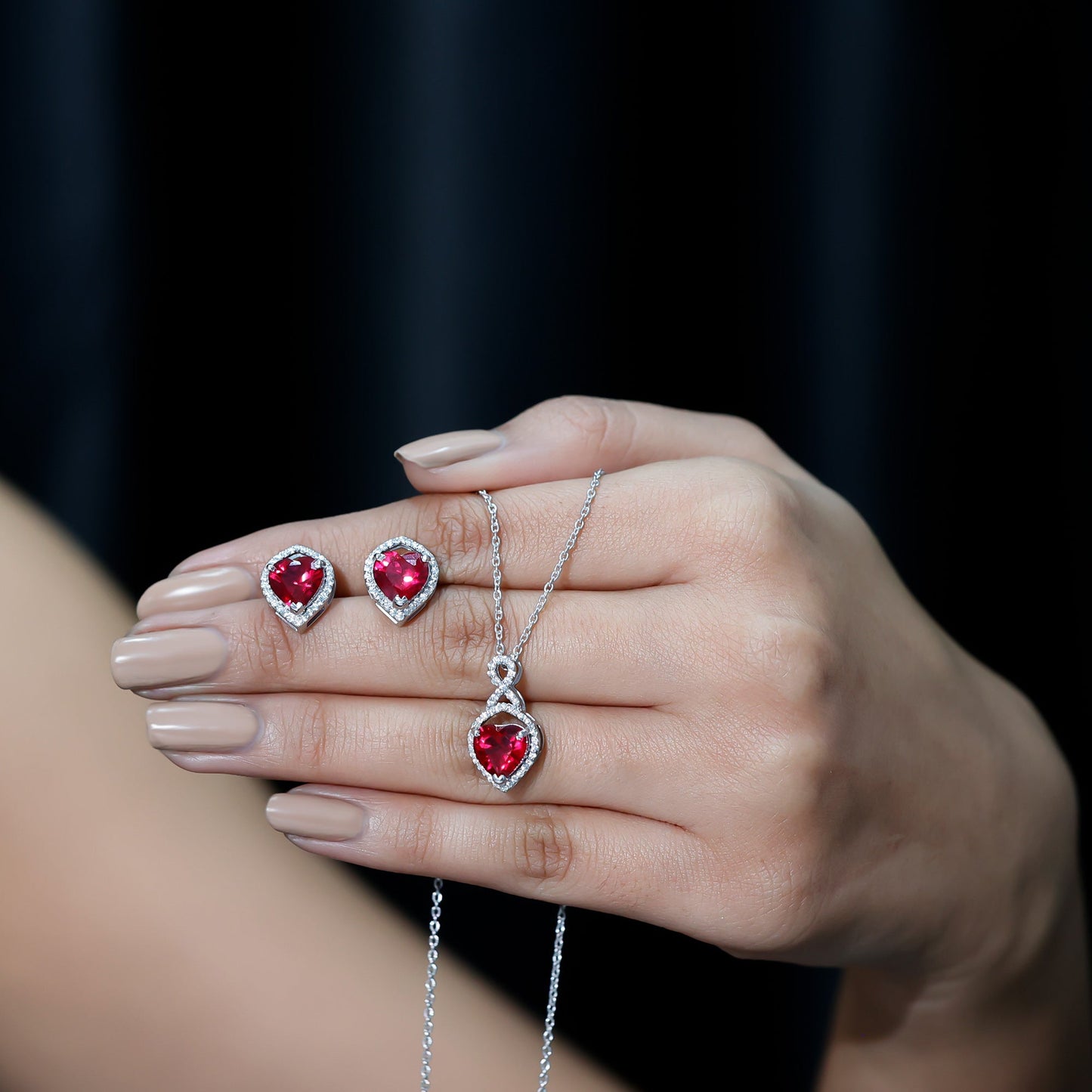 6 Carat Heart Shape Lab Created Ruby Pendant and Earrings Set