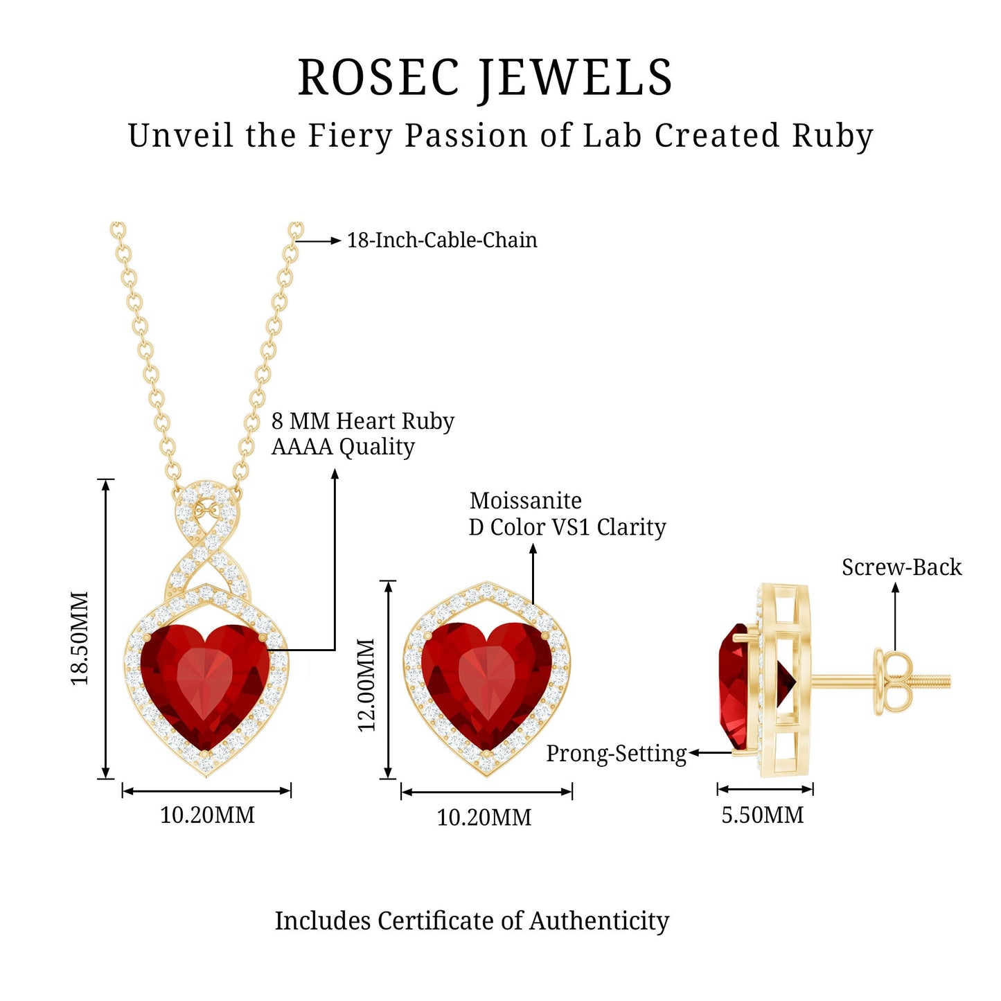 6 Carat Heart Shape Lab Created Ruby Pendant and Earrings Set