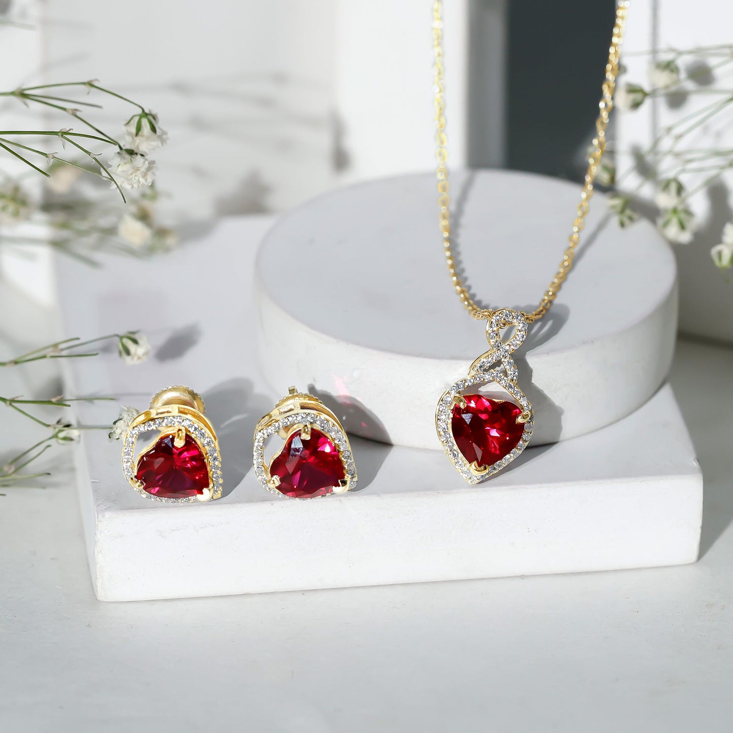 6 Carat Heart Shape Lab Created Ruby Pendant and Earrings Set