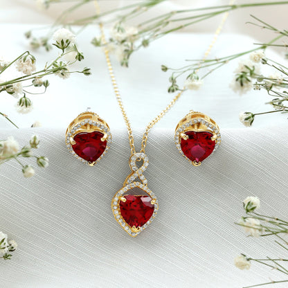 6 Carat Heart Shape Lab Created Ruby Pendant and Earrings Set