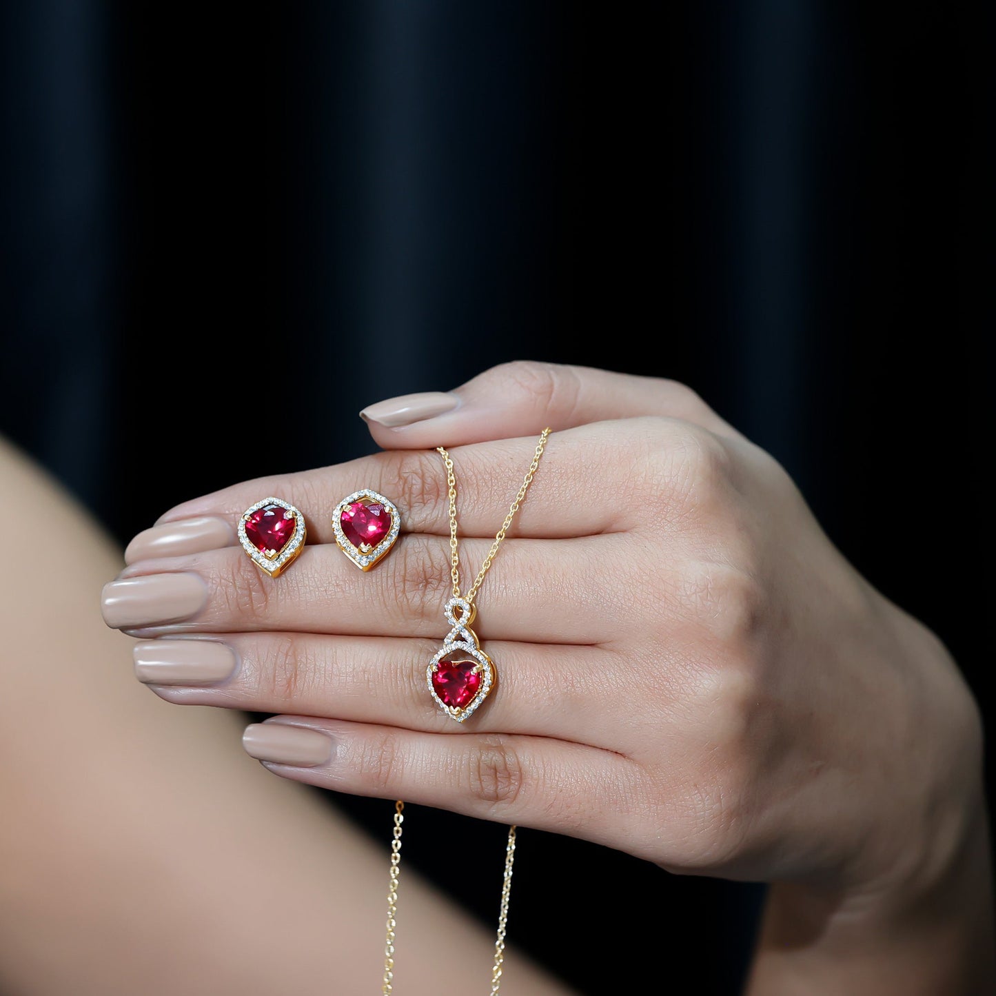 6 Carat Heart Shape Lab Created Ruby Pendant and Earrings Set