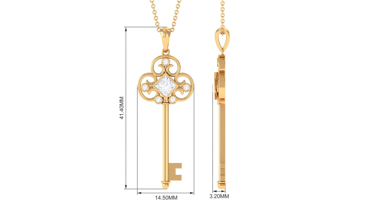 Princess Cut Moissanite Vintage Key Pendant Necklace