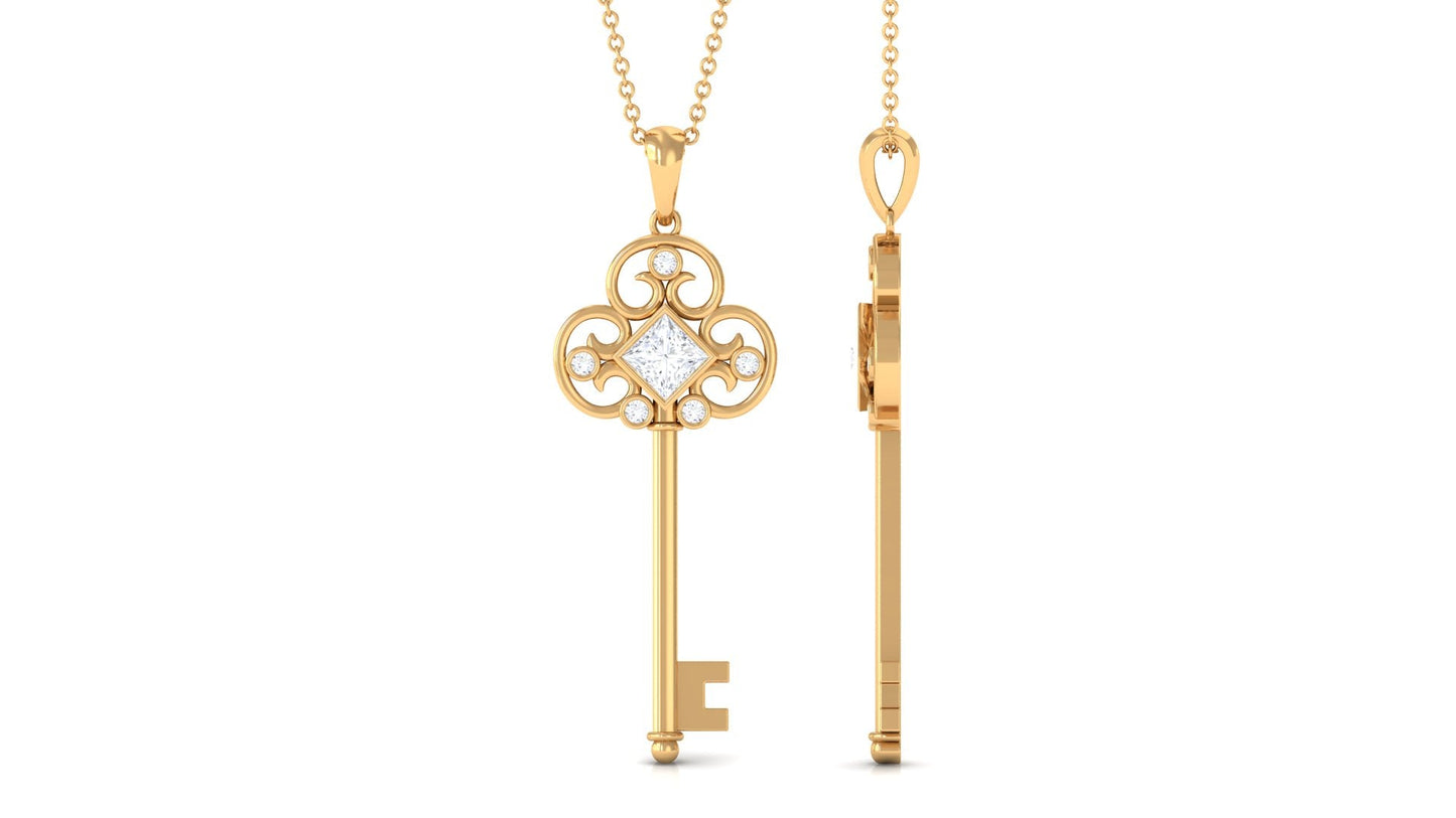 Princess Cut Moissanite Vintage Key Pendant Necklace