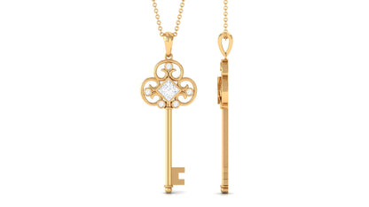 Princess Cut Moissanite Vintage Key Pendant Necklace