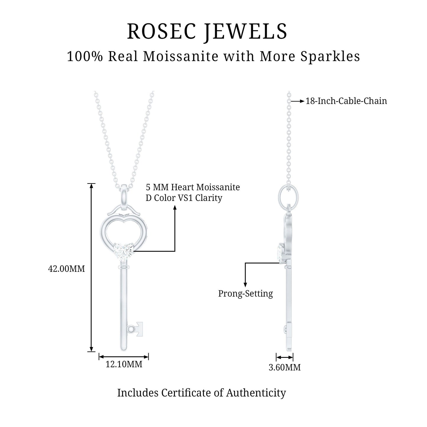 Certified Moissanite Key to My Heart Necklace for Women