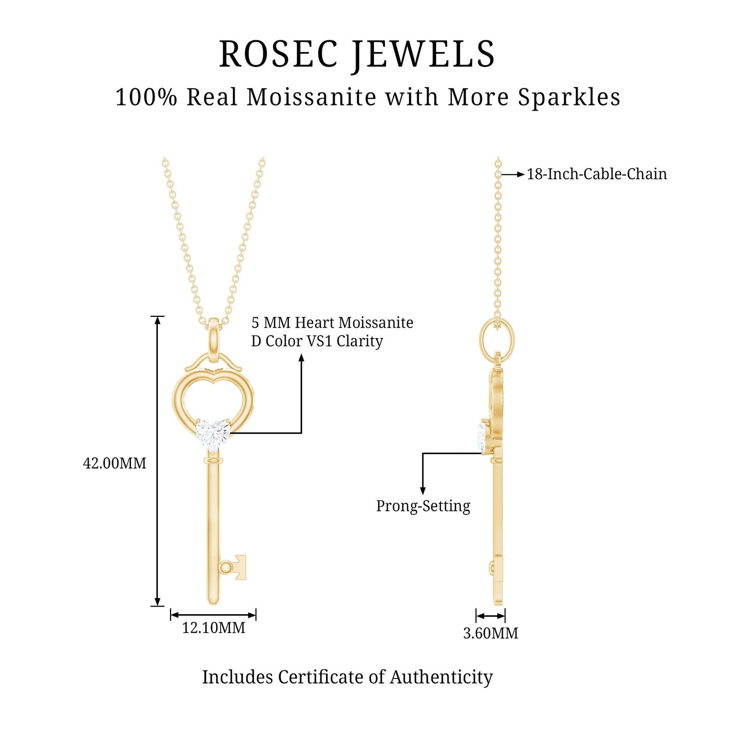 Certified Moissanite Key to My Heart Necklace for Women