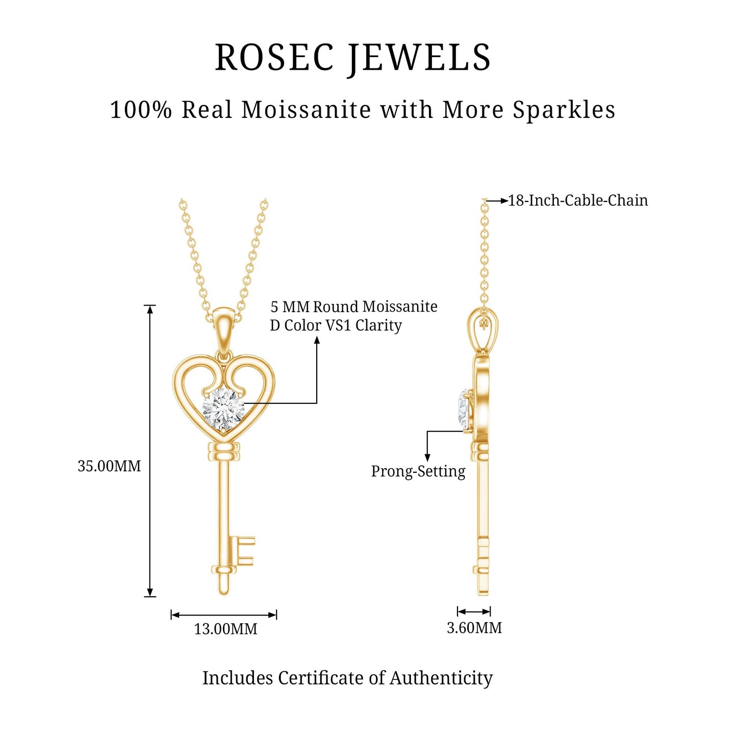 Certified Moissanite Heart and Key Pendant Necklace