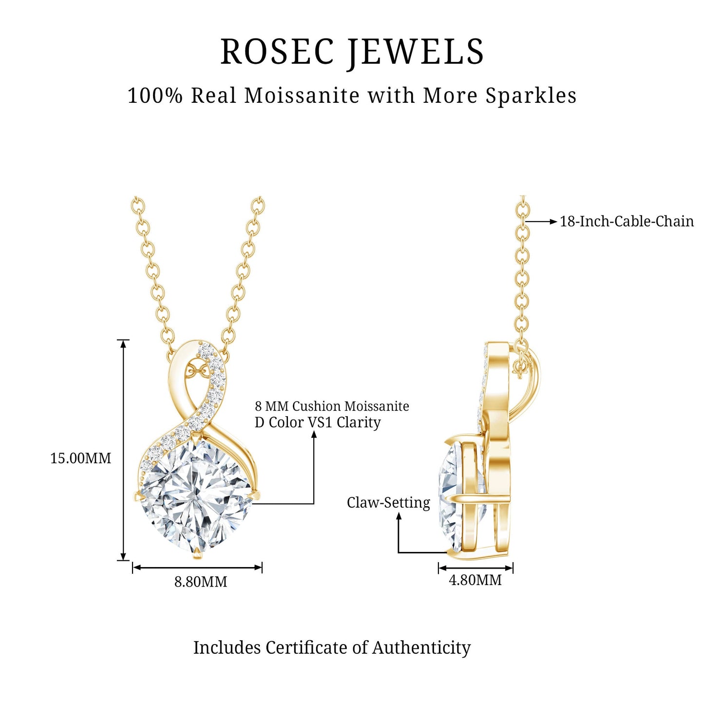 Yellow Gold Plated Silver 3.15 Carat Cushion Cut Moissanite Infinity Necklace