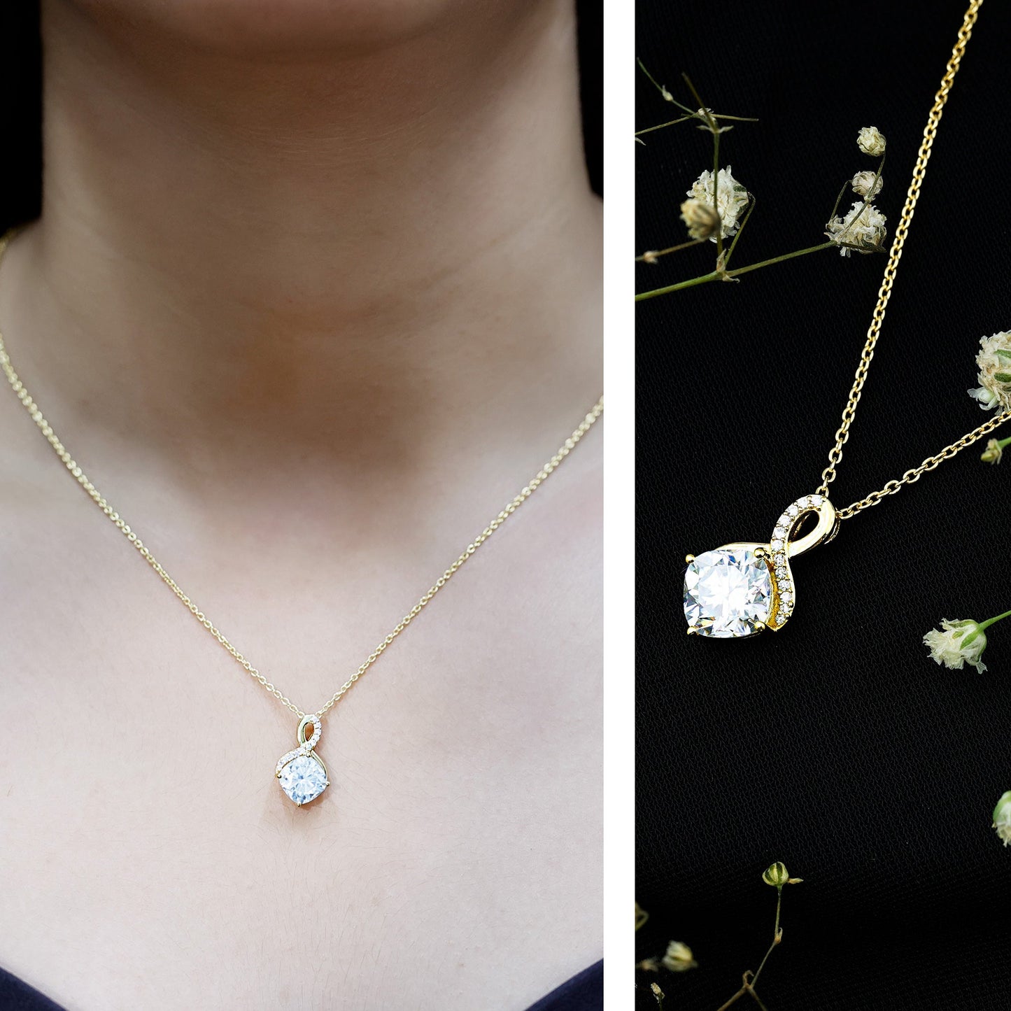 Yellow Gold Plated Silver 3.15 Carat Cushion Cut Moissanite Infinity Necklace