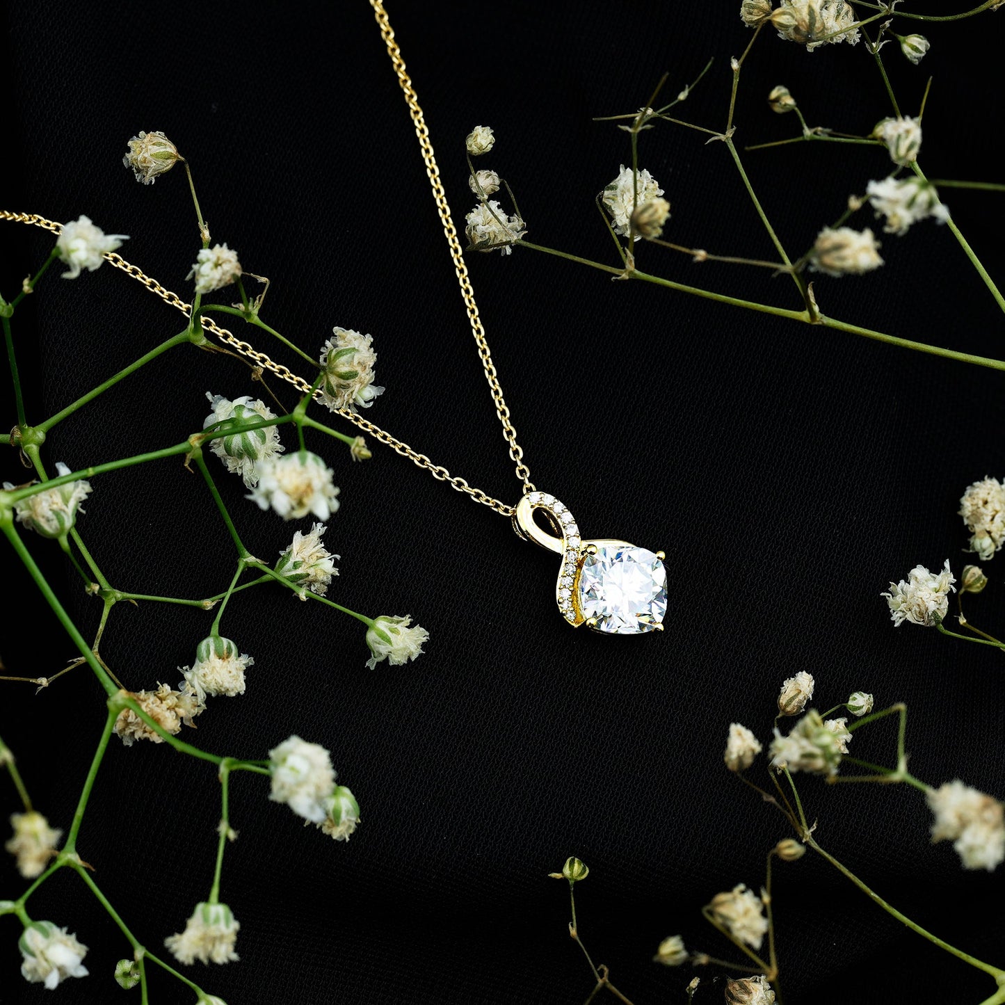 Yellow Gold Plated Silver 3.15 Carat Cushion Cut Moissanite Infinity Necklace