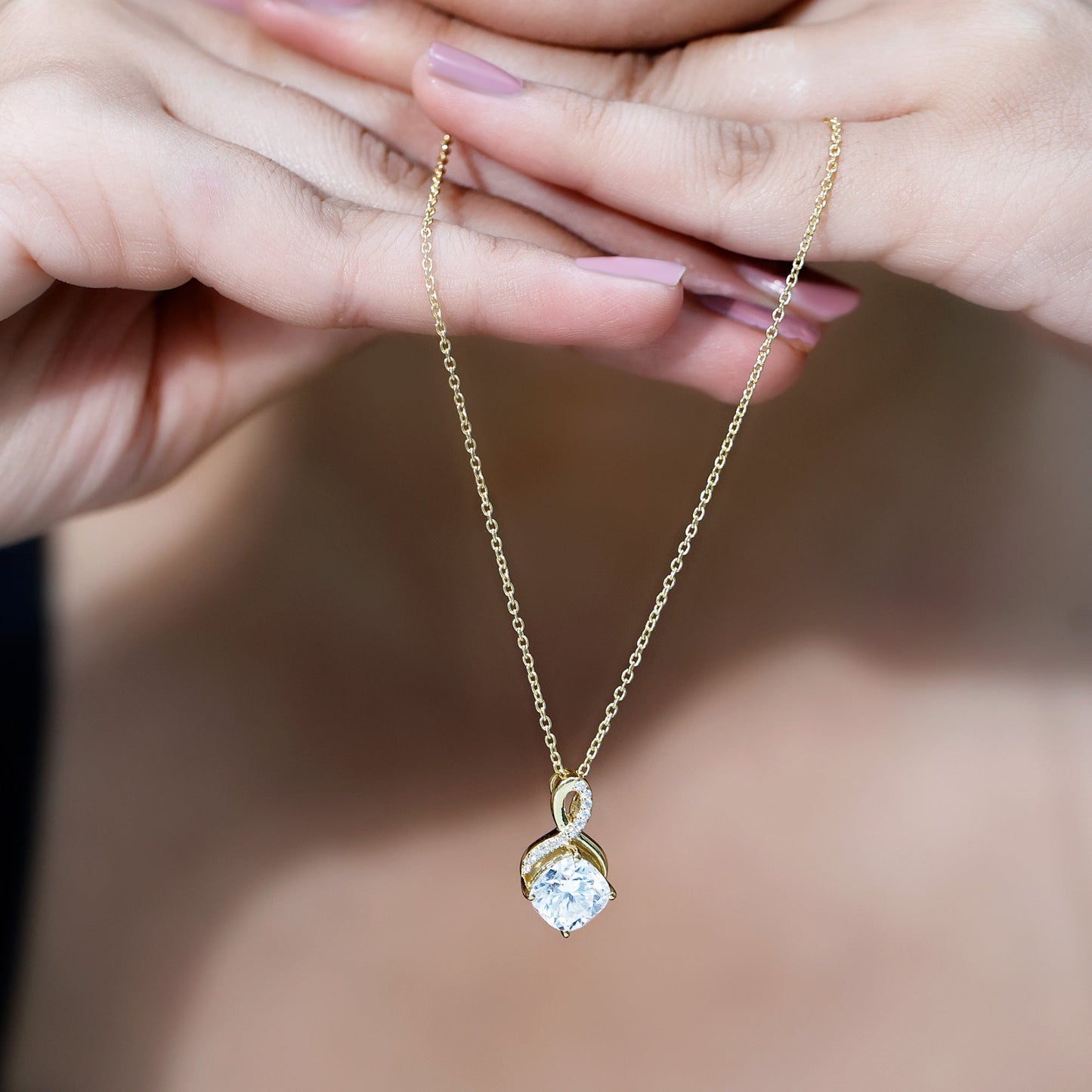 Yellow Gold Plated Silver 3.15 Carat Cushion Cut Moissanite Infinity Necklace