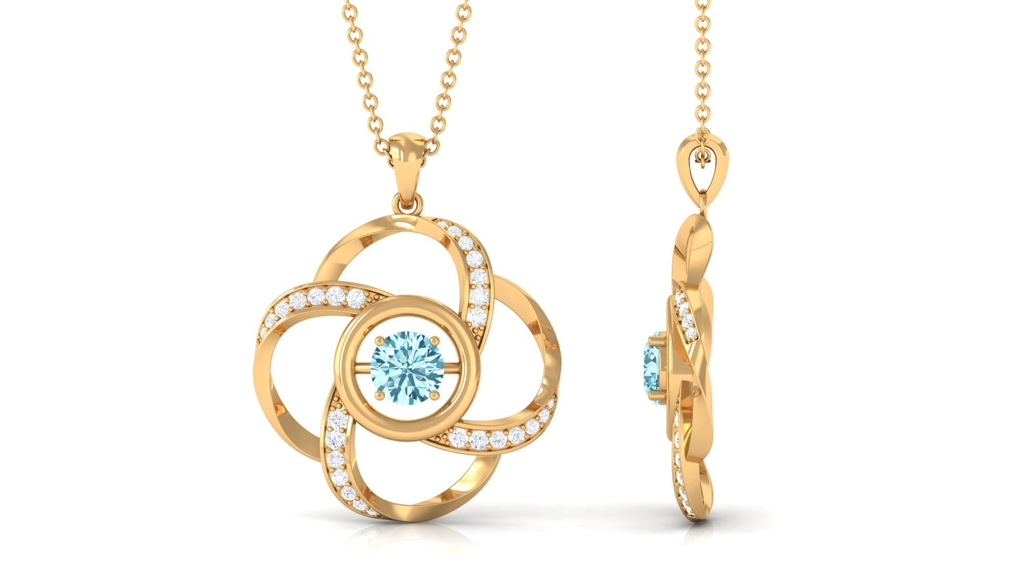 Modern Flower Pendant with Round Aquamarine and Diamond