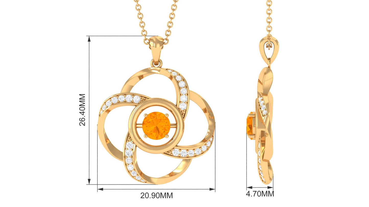Round Fire Opal Flower Necklace with and Diamond