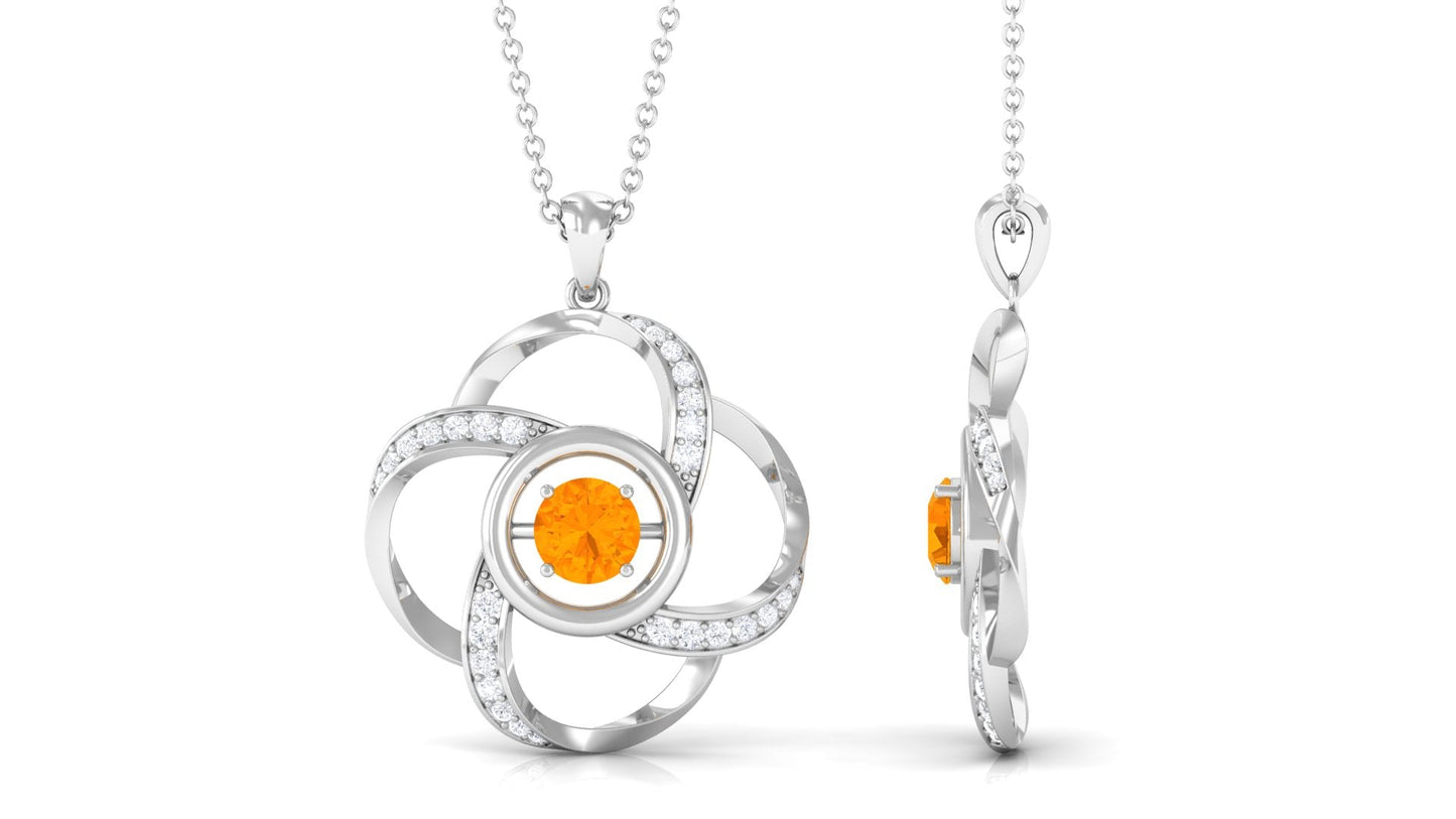 Round Fire Opal Flower Necklace with and Diamond