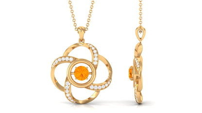 Round Fire Opal Flower Necklace with and Diamond