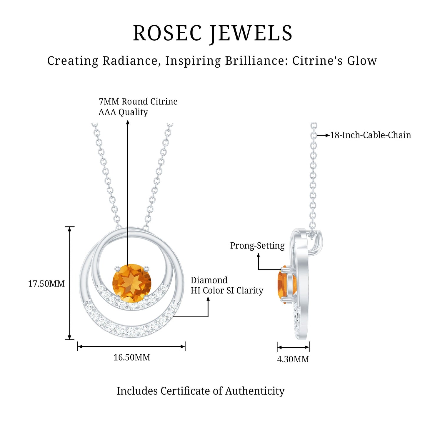 Natural 1.2 Carat Citrine Circle in Circle Necklace with Diamond